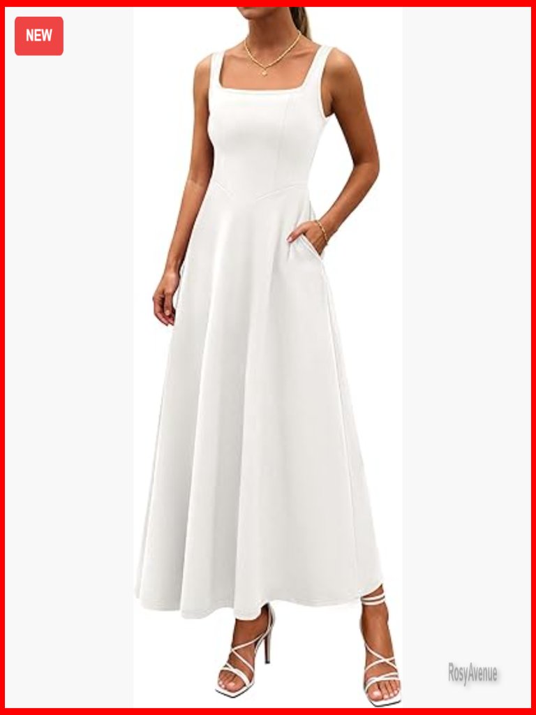 Sleeveless Square Neck Maxi Dress With Pockets, A-Line Swing Formal